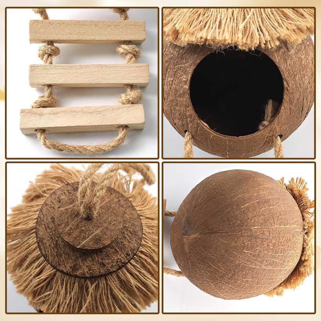 Coconut hide with wooden ladder attachment details, textured brown exterior and entrance opening