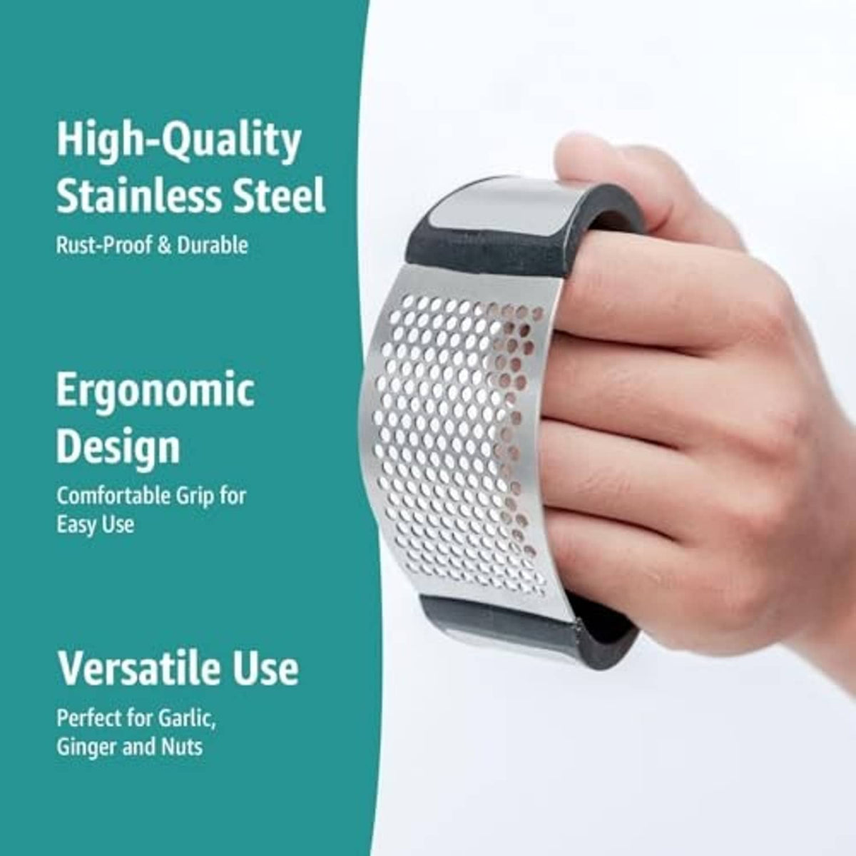 Black and stainless steel garlic press rocker with perforated crushing plate, held by hand