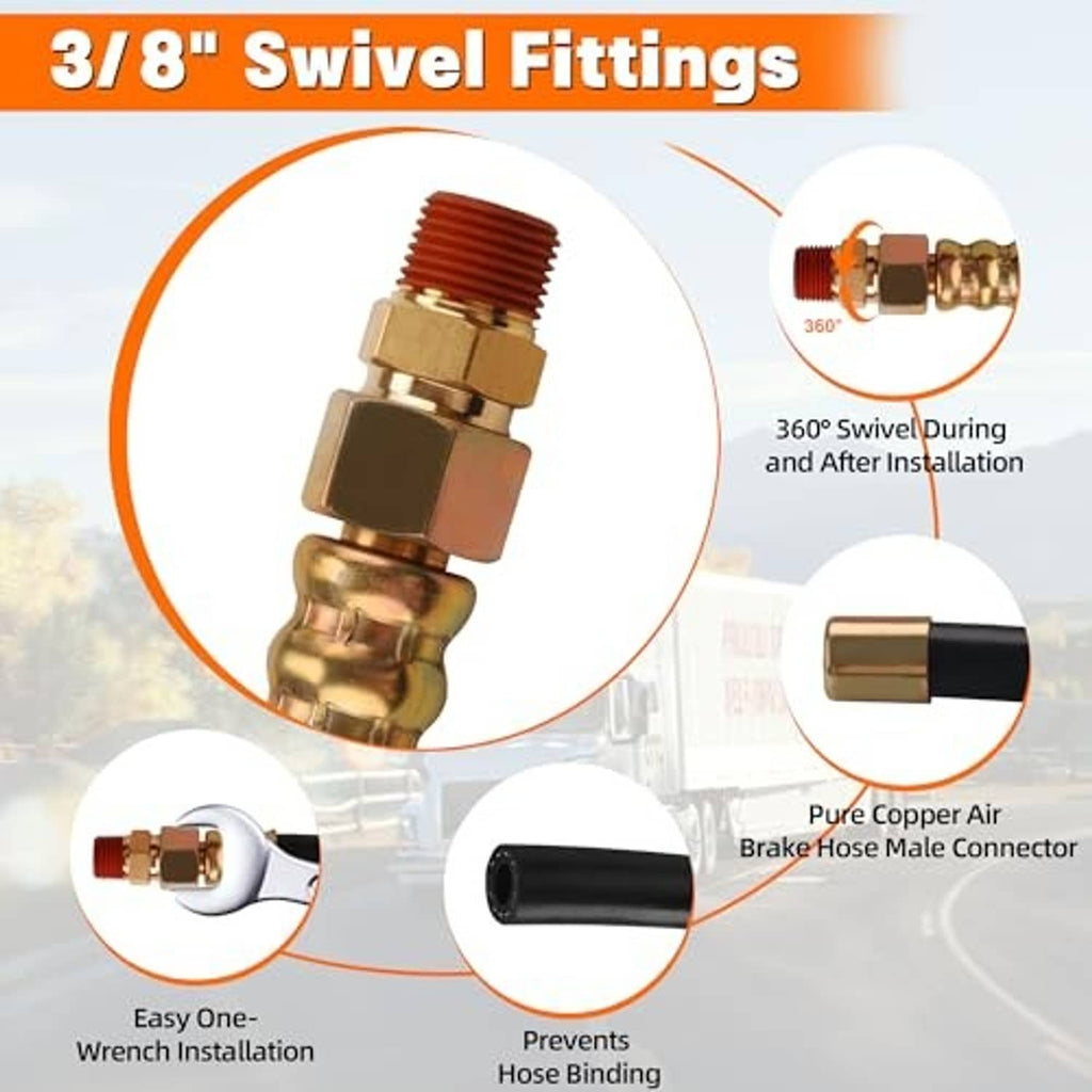 Black air brake hose with brass 3/8 swivel male connector and rotating nut