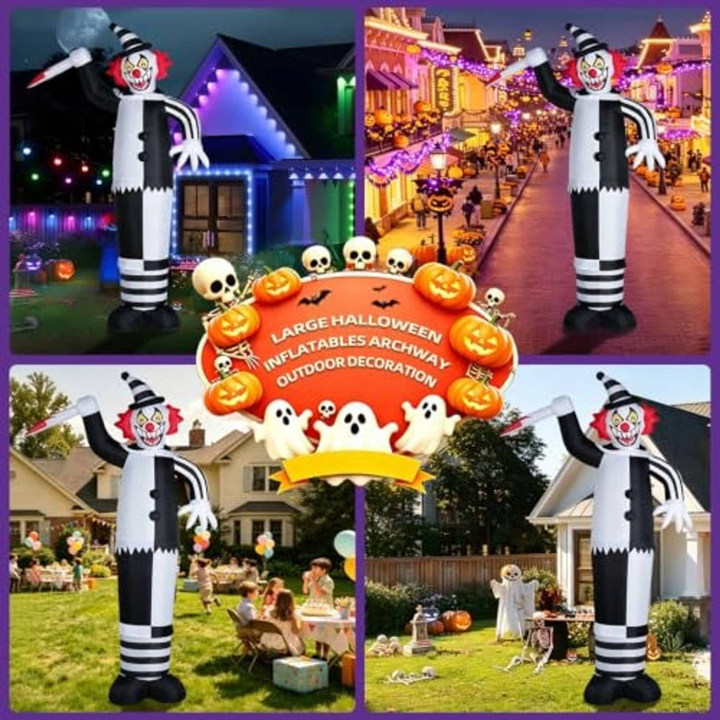 12ft inflatable LED clown decoration in white-and-black striped outfit with red smiling face