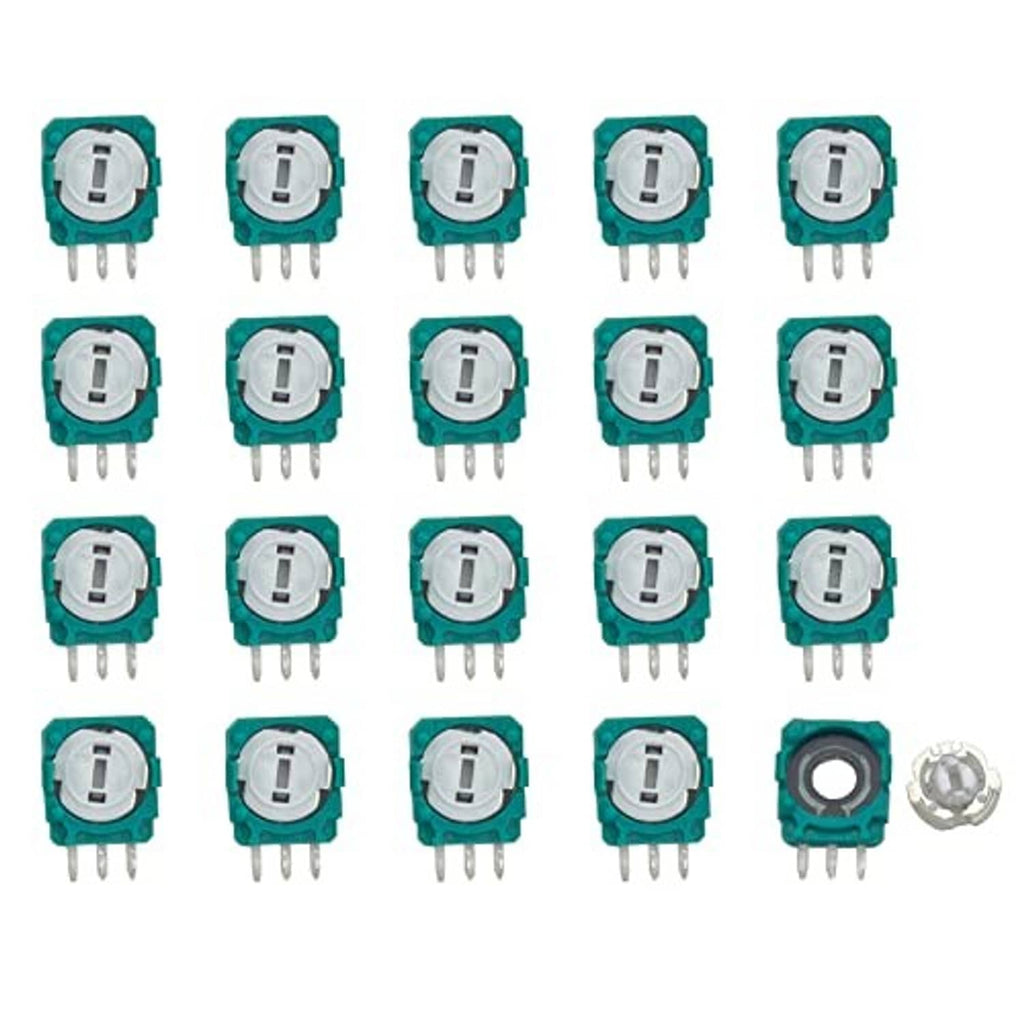 Teal trimmer potentiometer set with white adjustment discs and 3-pin connectors