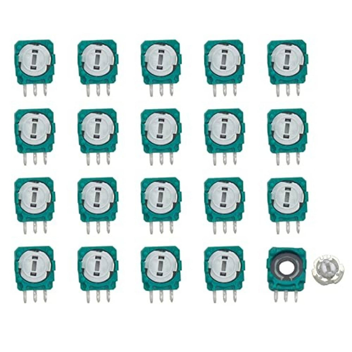 Teal trimmer potentiometer set with white adjustment discs and 3-pin connectors