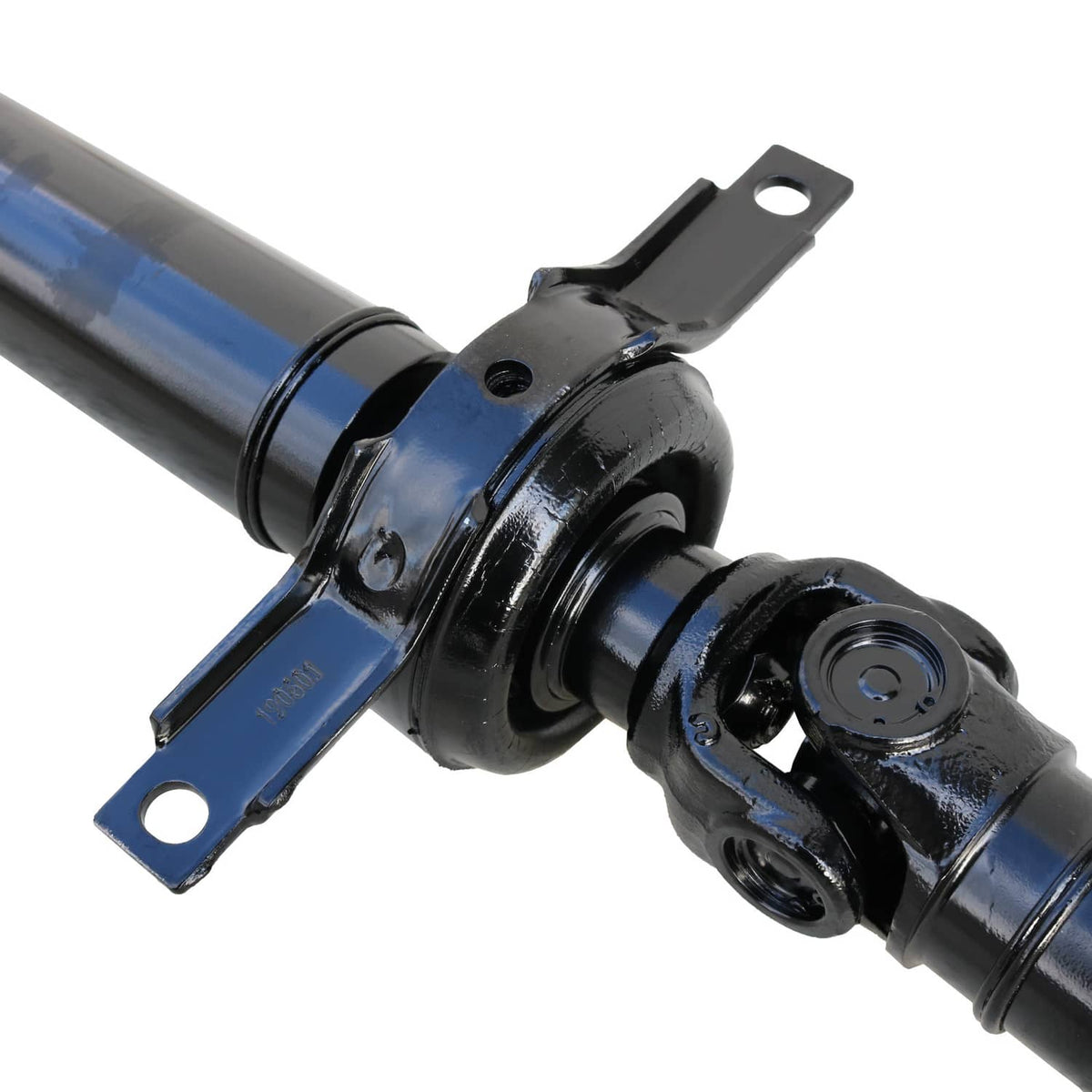 Driveshaft prop shaft with blue bracket and black support bushing