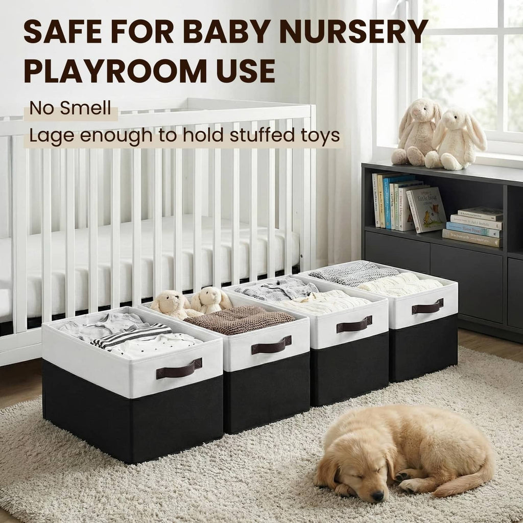 Nursery playroom storage bins: white-top, black-bottom rectangular baskets with handles