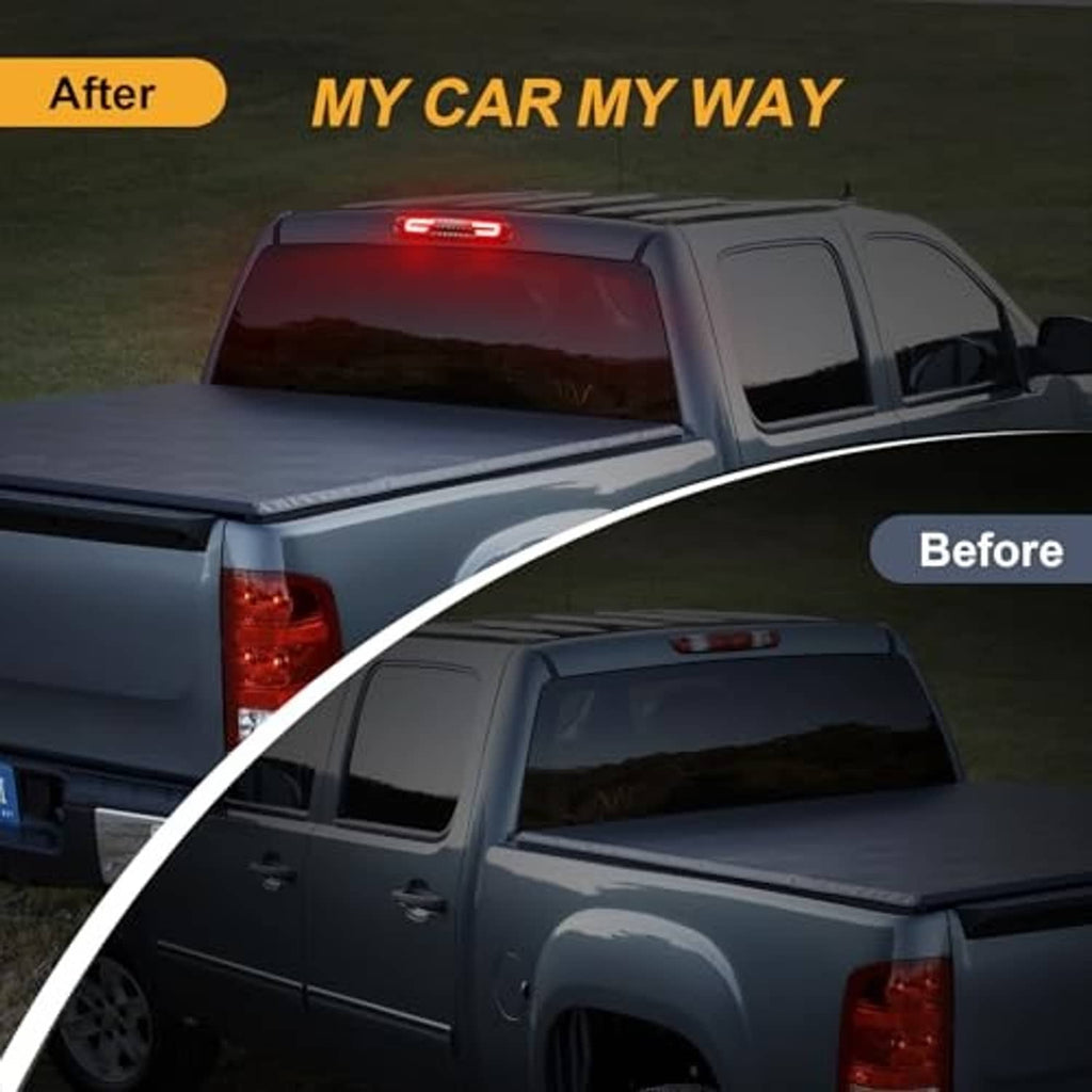 Before-and-after view of smoked-lens LED third brake light with red glow