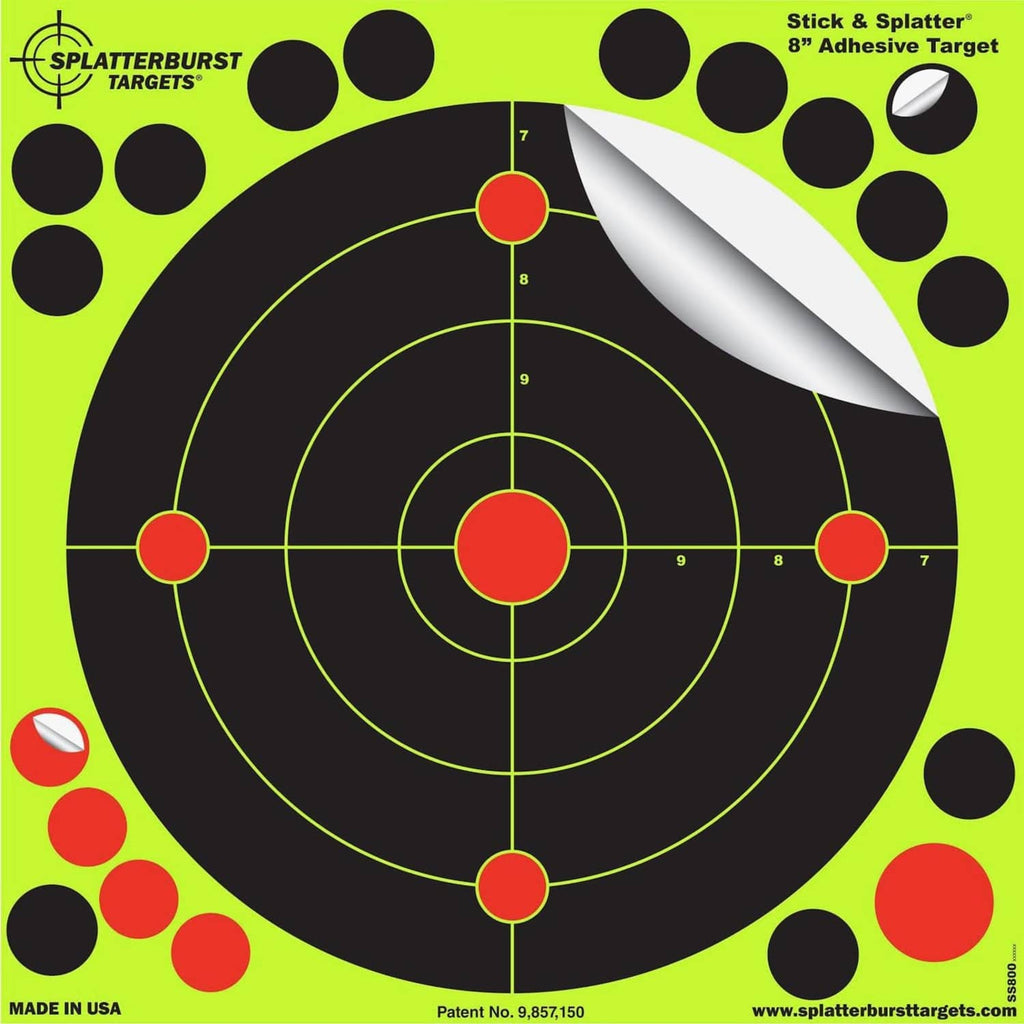 Black adhesive shooting target with neon green reactive dots and multiple red bullseye circles