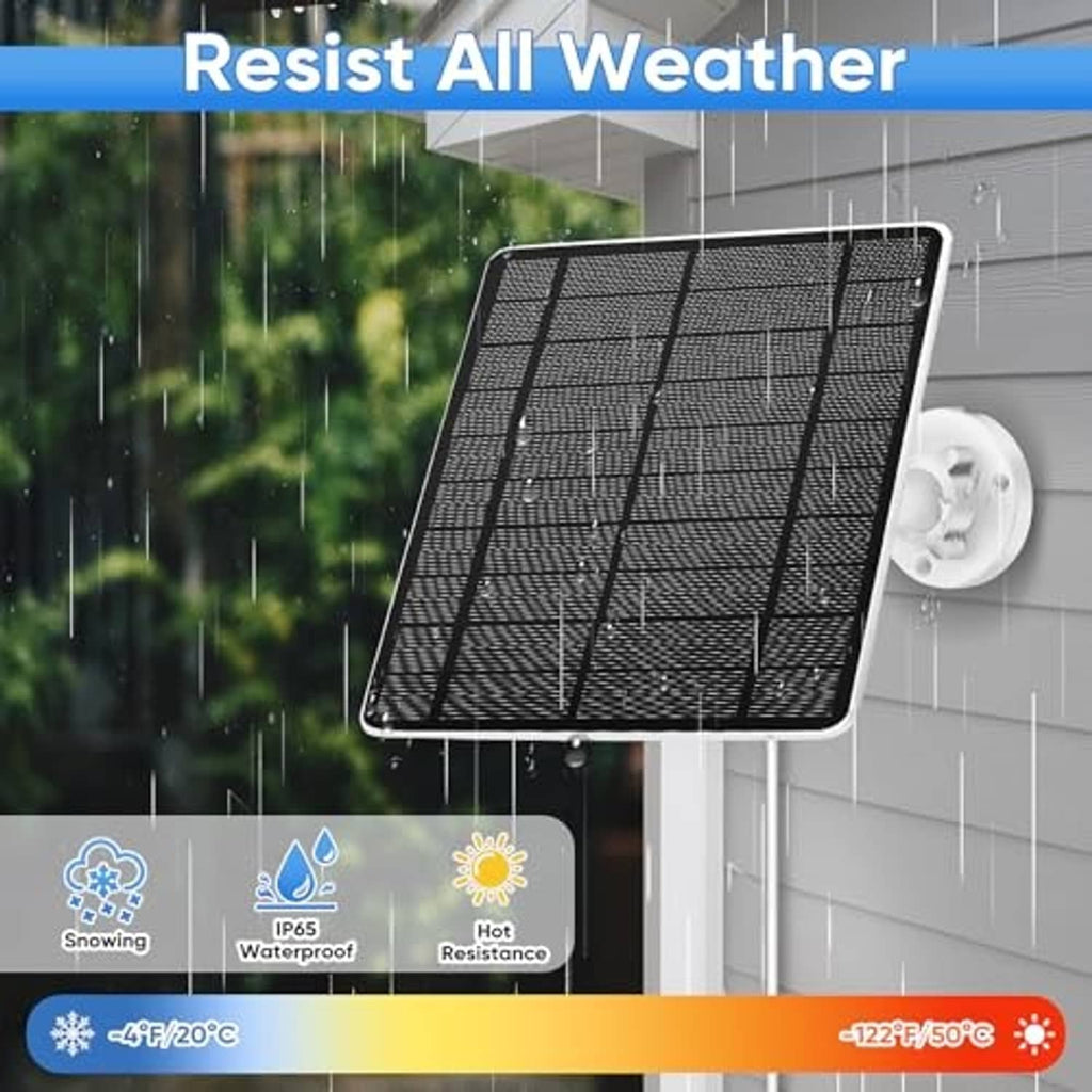 Weatherproof solar panel with black photovoltaic cells and white wall mount charging cable