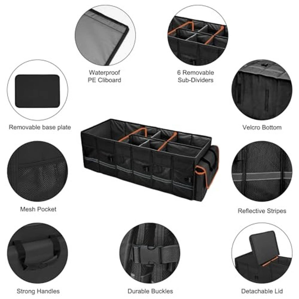 Black trunk storage organizer with removable dividers, mesh pocket, reflective stripes, and buckles