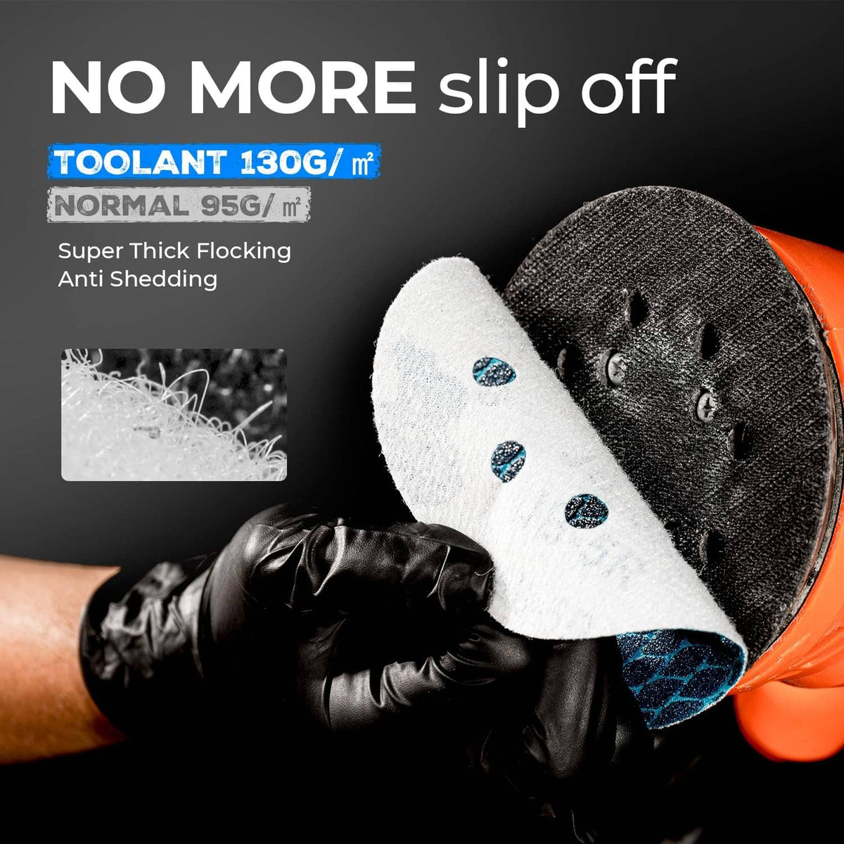 8-hole sanding disc with blue abrasive and thick black backing, anti-shedding design.