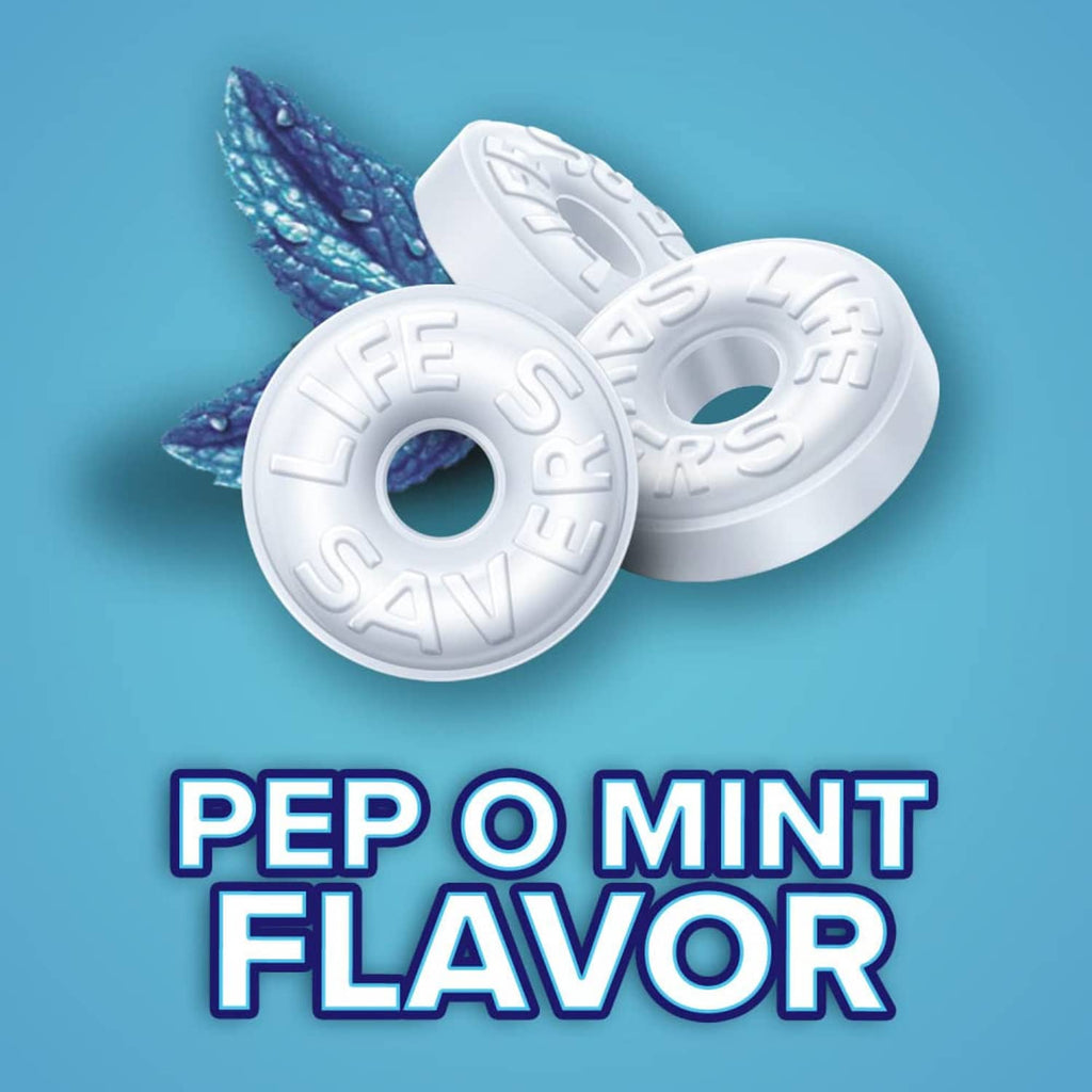 Pep O Mint flavor mints, two white round coin-shaped candy discs