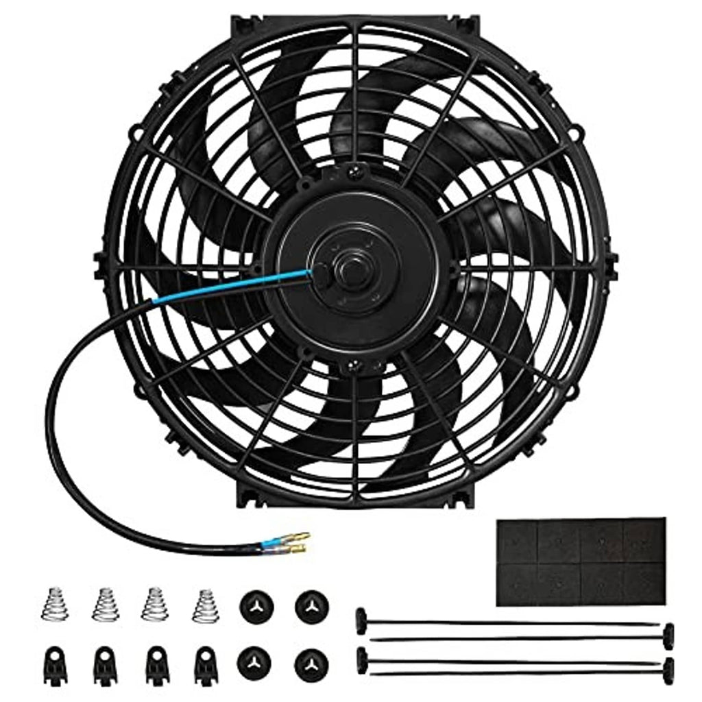 Black 12-inch electric radiator cooling fan kit, front view with wiring and mounting accessories