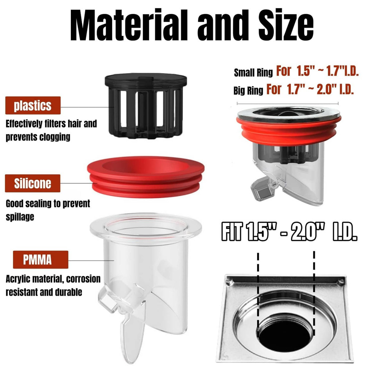 Red silicone seal floor drain with filter basket and size rings for drain fits