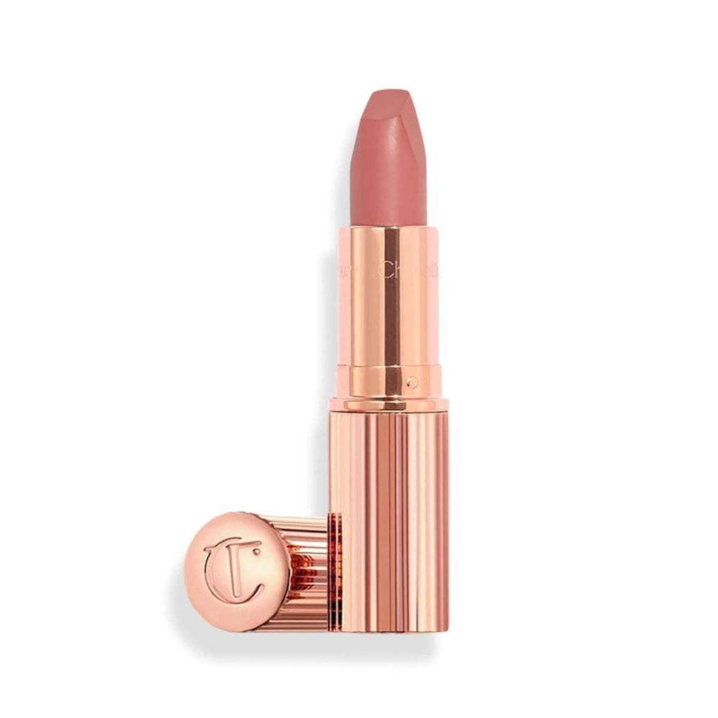 Charlotte Tilbury matte lipstick, rose-gold tube with rose-pink bullet, front-facing view