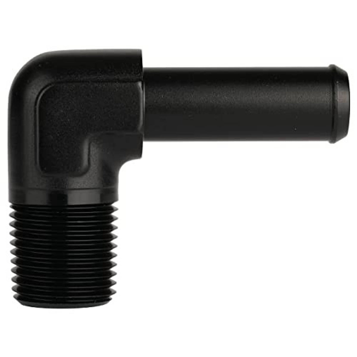 Black 90-degree pipe fitting with male NPT threads and hose barb outlet
