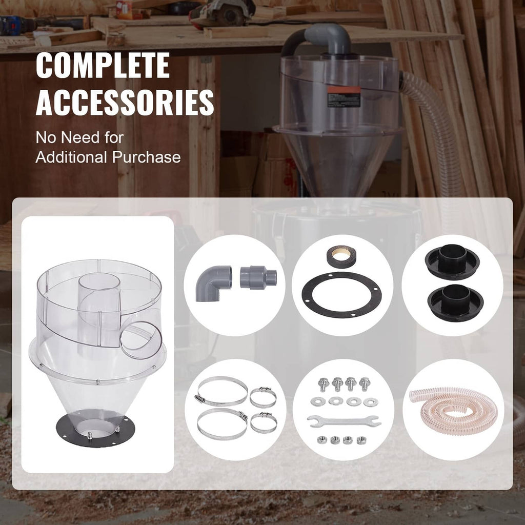 Cyclone dust separator accessory kit with transparent bucket, hoses, rings, and screws