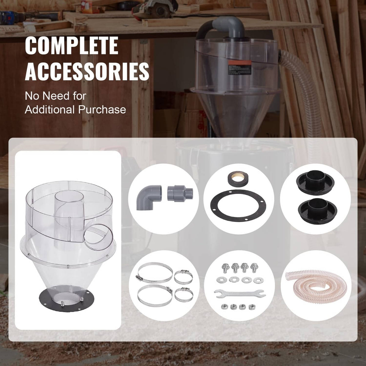 Cyclone dust separator accessory kit with transparent bucket, hoses, rings, and screws