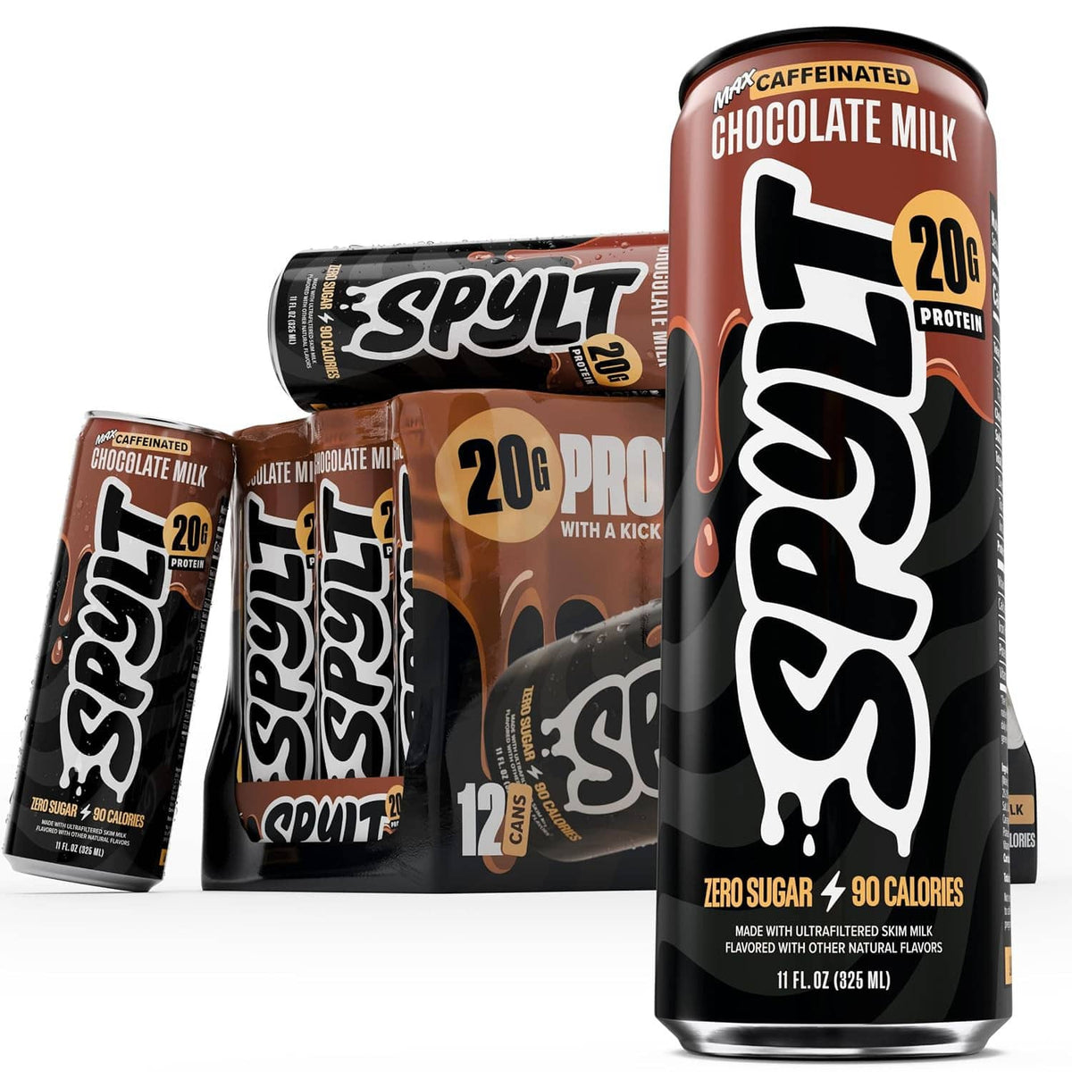 Tall can of chocolate protein milk with cartons behind it, zero sugar 90 calories