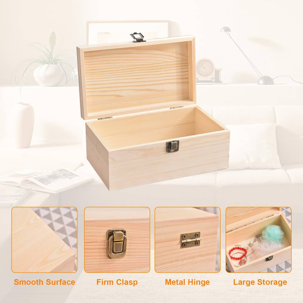 Unfinished wooden keepsake box with hinged lid and metal clasp, open interior view.