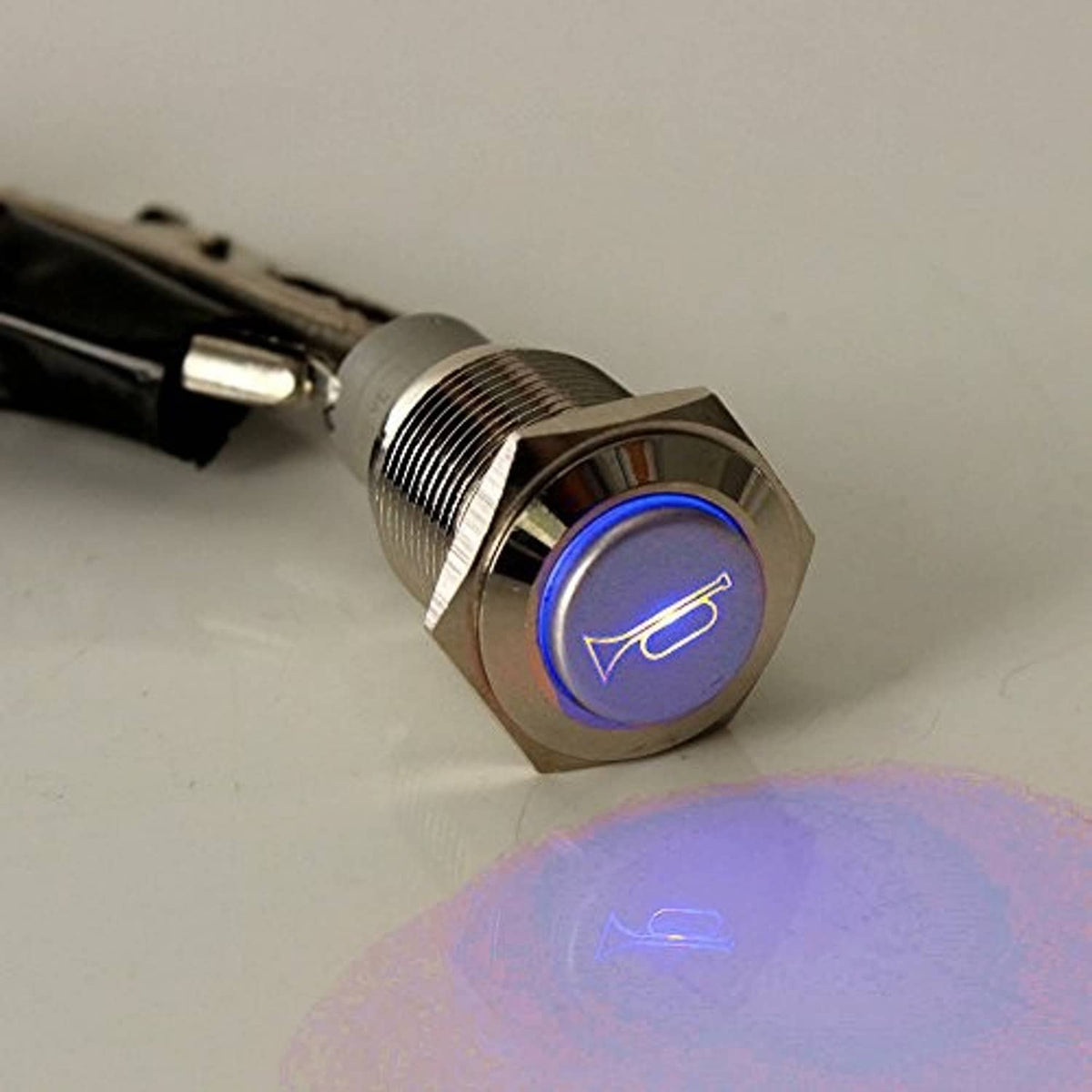 Esupport 12V car horn push button with blue LED horn icon, metal momentary head