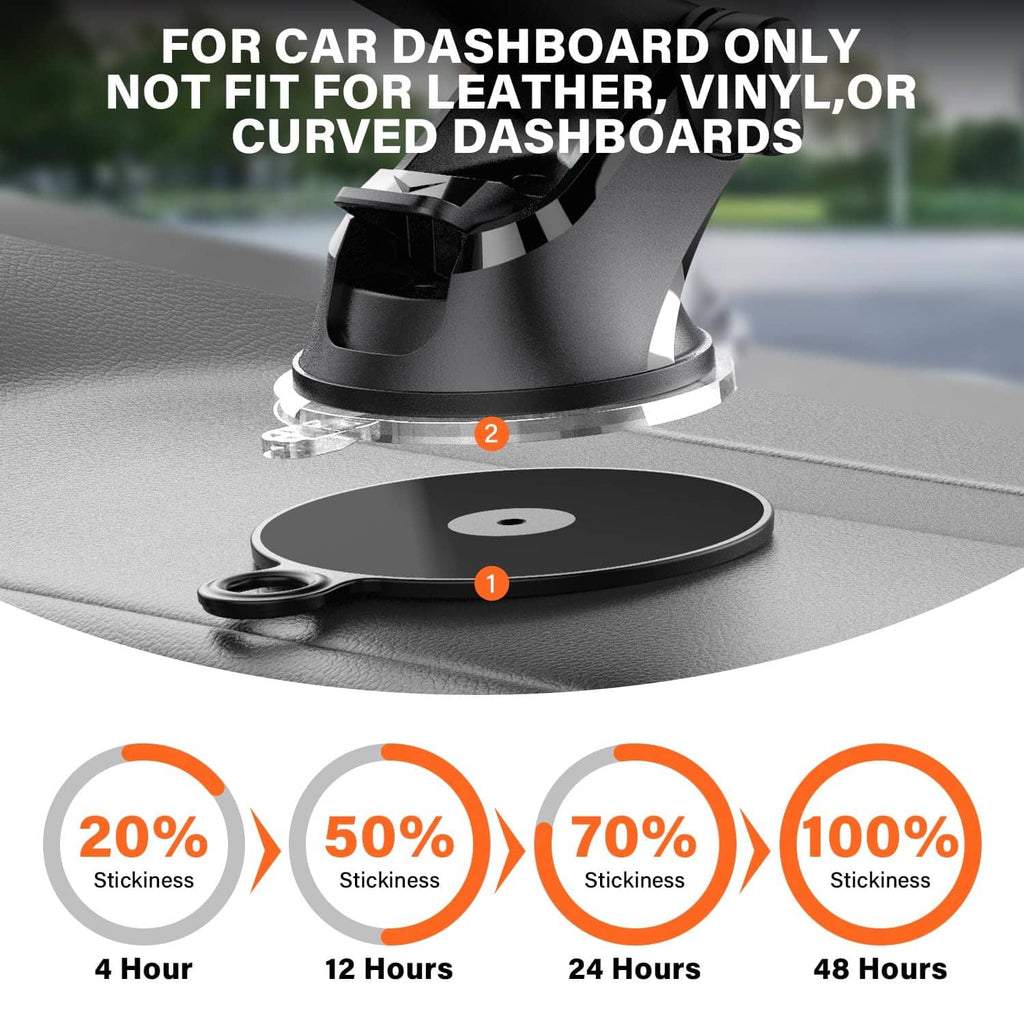 Black dashboard adhesive pad with suction base mounted on a car dash