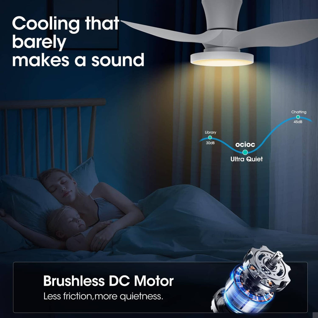 White LED ceiling fan with 5 blades and illuminated light panel