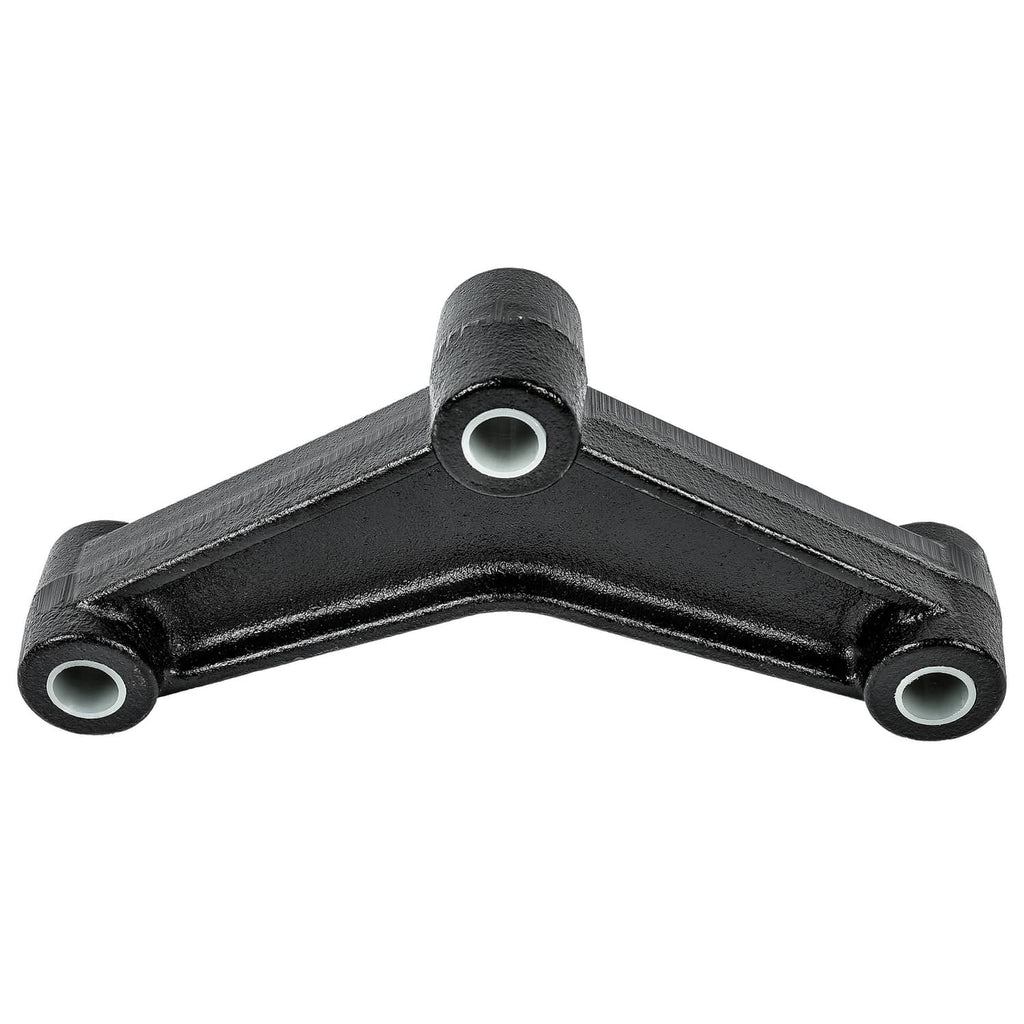 Black equalizer hanger arm with three bushing ends for trailer axle suspension