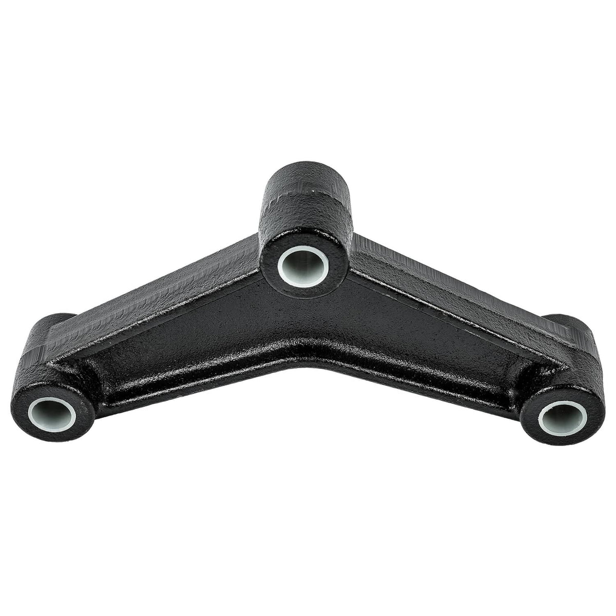Black equalizer hanger arm with three bushing ends for trailer axle suspension