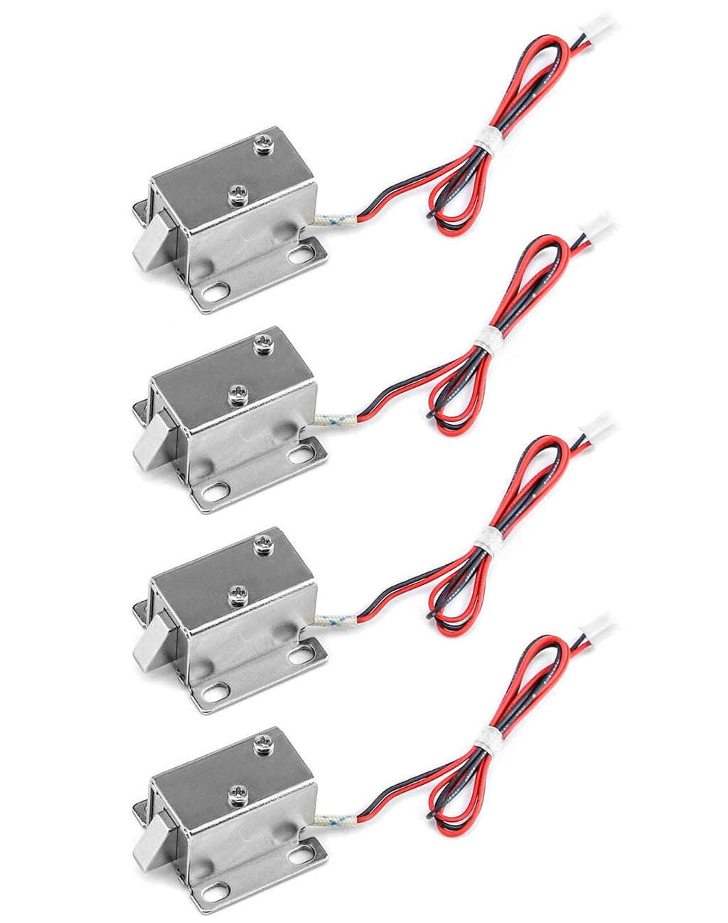 Four-pack mini electromagnetic solenoid door drawer locks, silver with red/black wire harnesses.