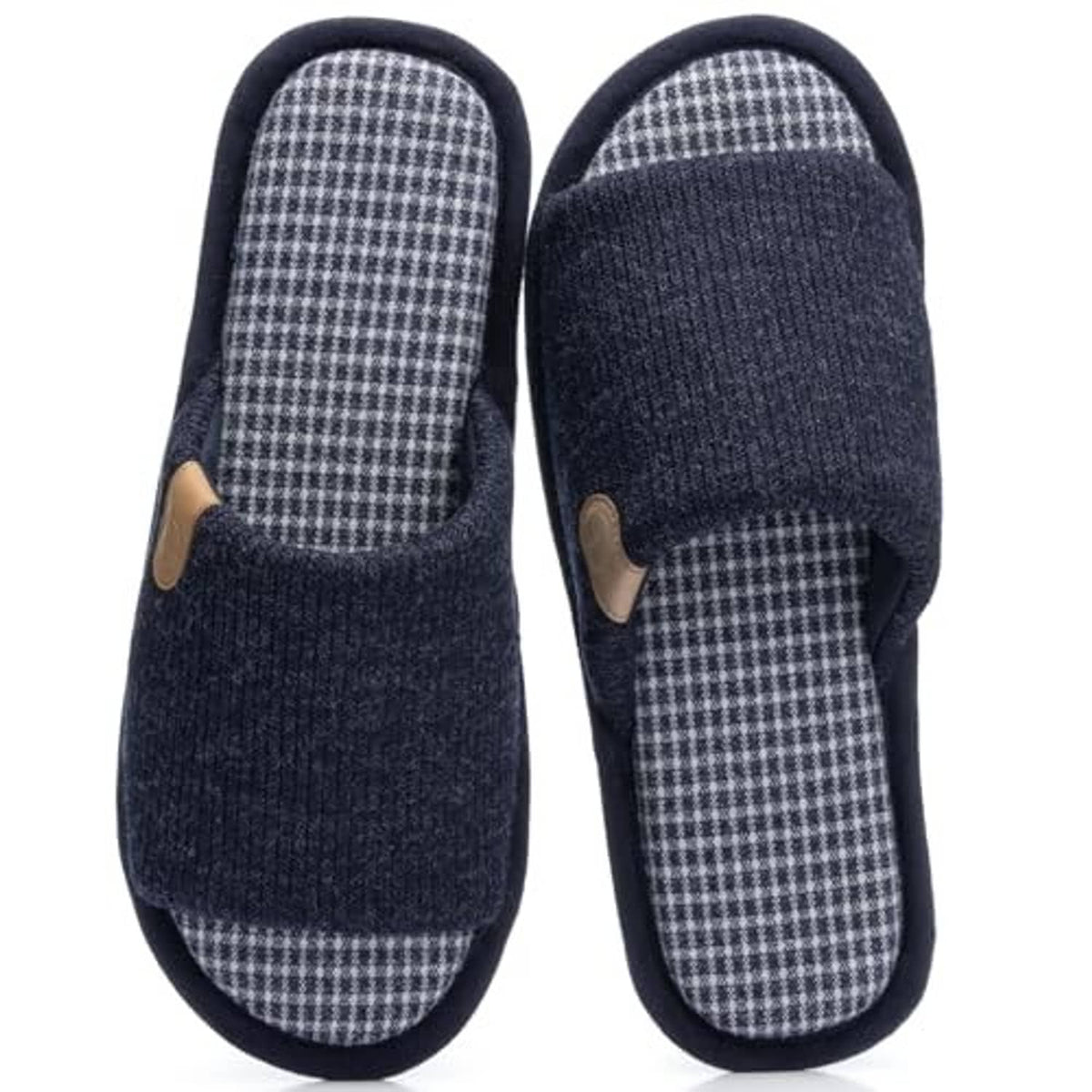Men's navy memory foam slippers, plaid footbed, tan side patch, slip-on style