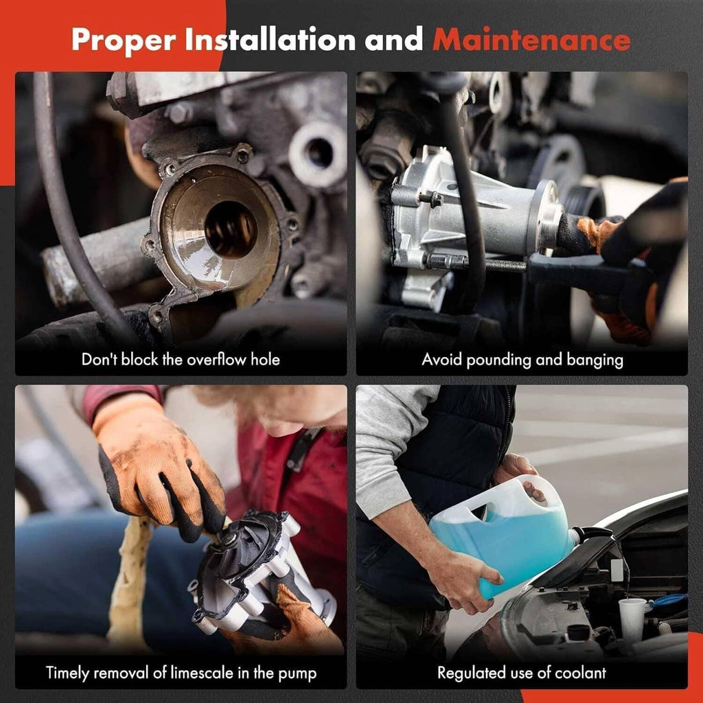 Water pump maintenance infographic showing installation checks and service steps