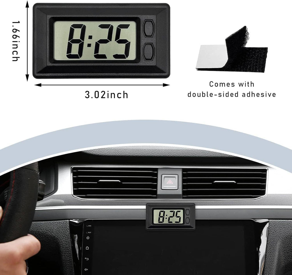 Mini car digital clock with 8:25 LCD, double-sided adhesive backing shown