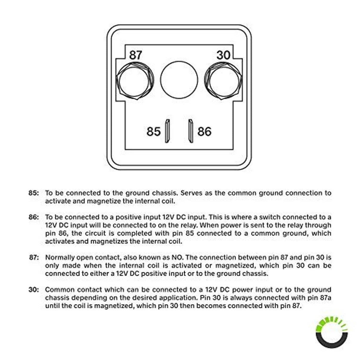 Split charge relay terminal pinout diagram: pins 85, 86, 87, 30, 87a