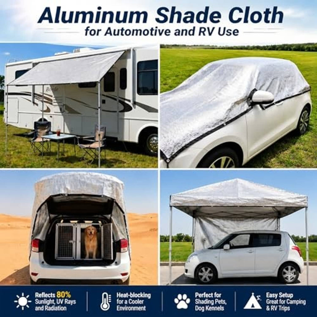 Silver reflective shade cloth covers for an RV and a car outdoors on grass