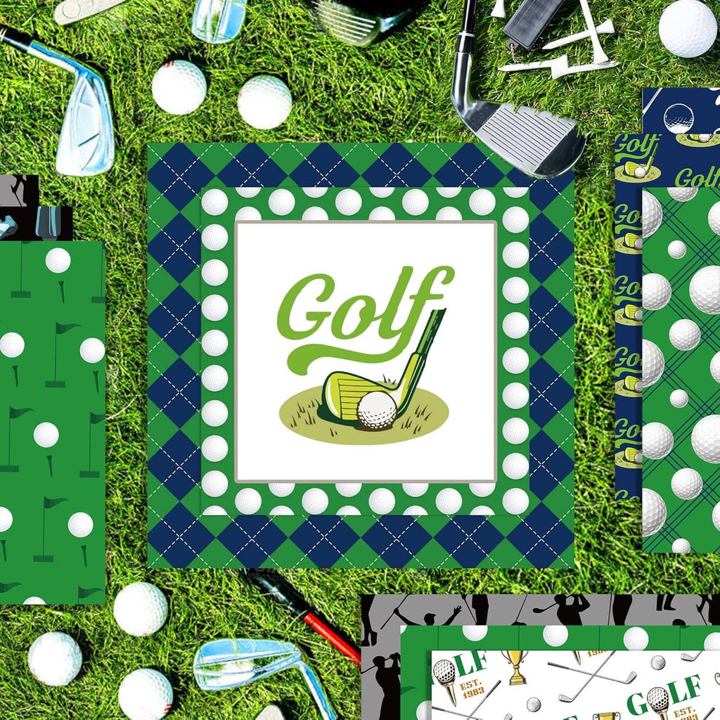 Square golf-themed scrapbook paper design with a central Golf logo and polka-dot border