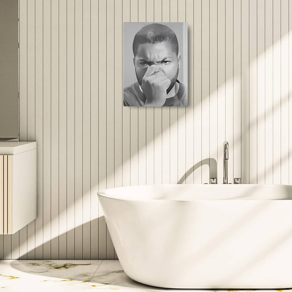 Grayscale canvas wall art with portrait of man covering mouth on wall
