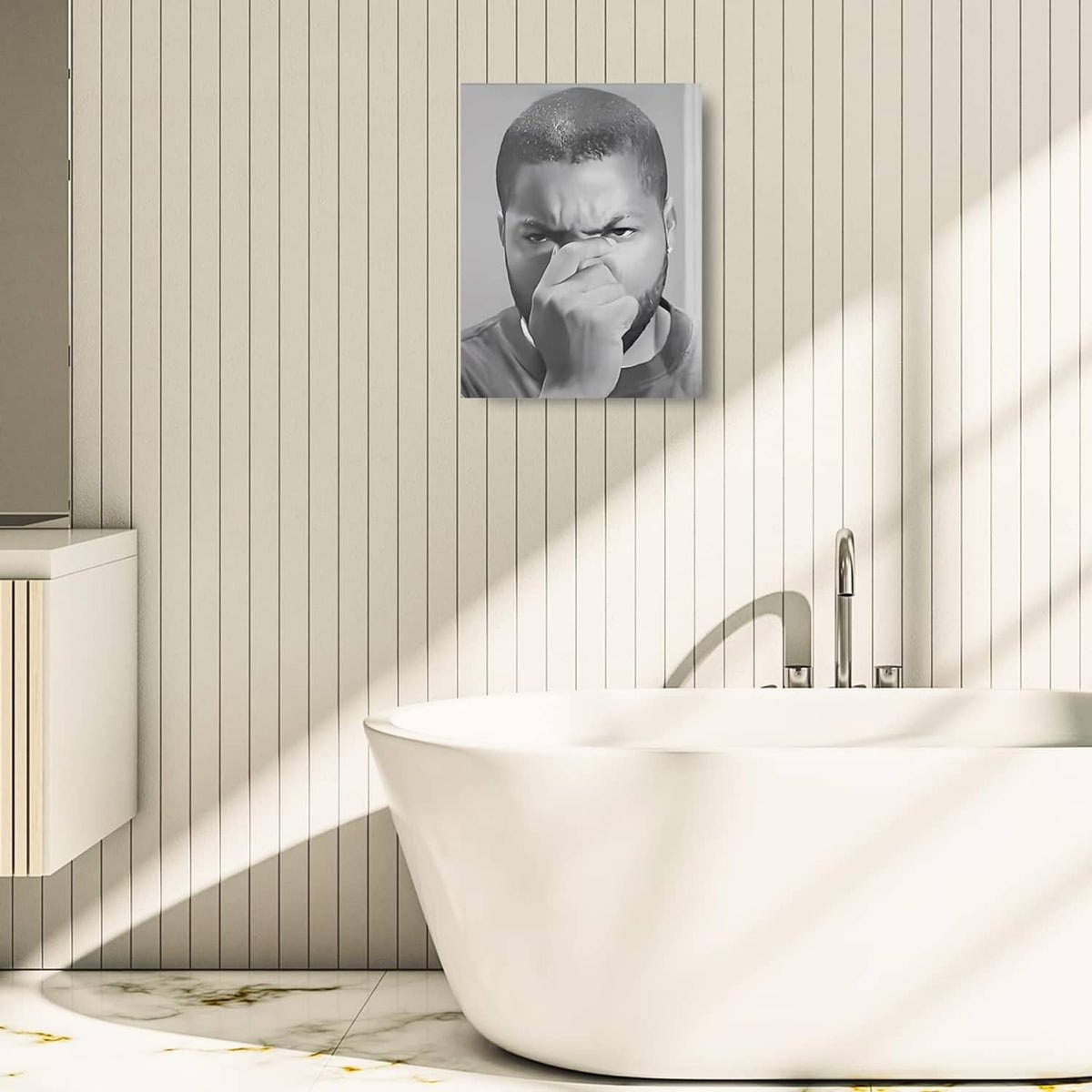 Grayscale canvas wall art with portrait of man covering mouth on wall