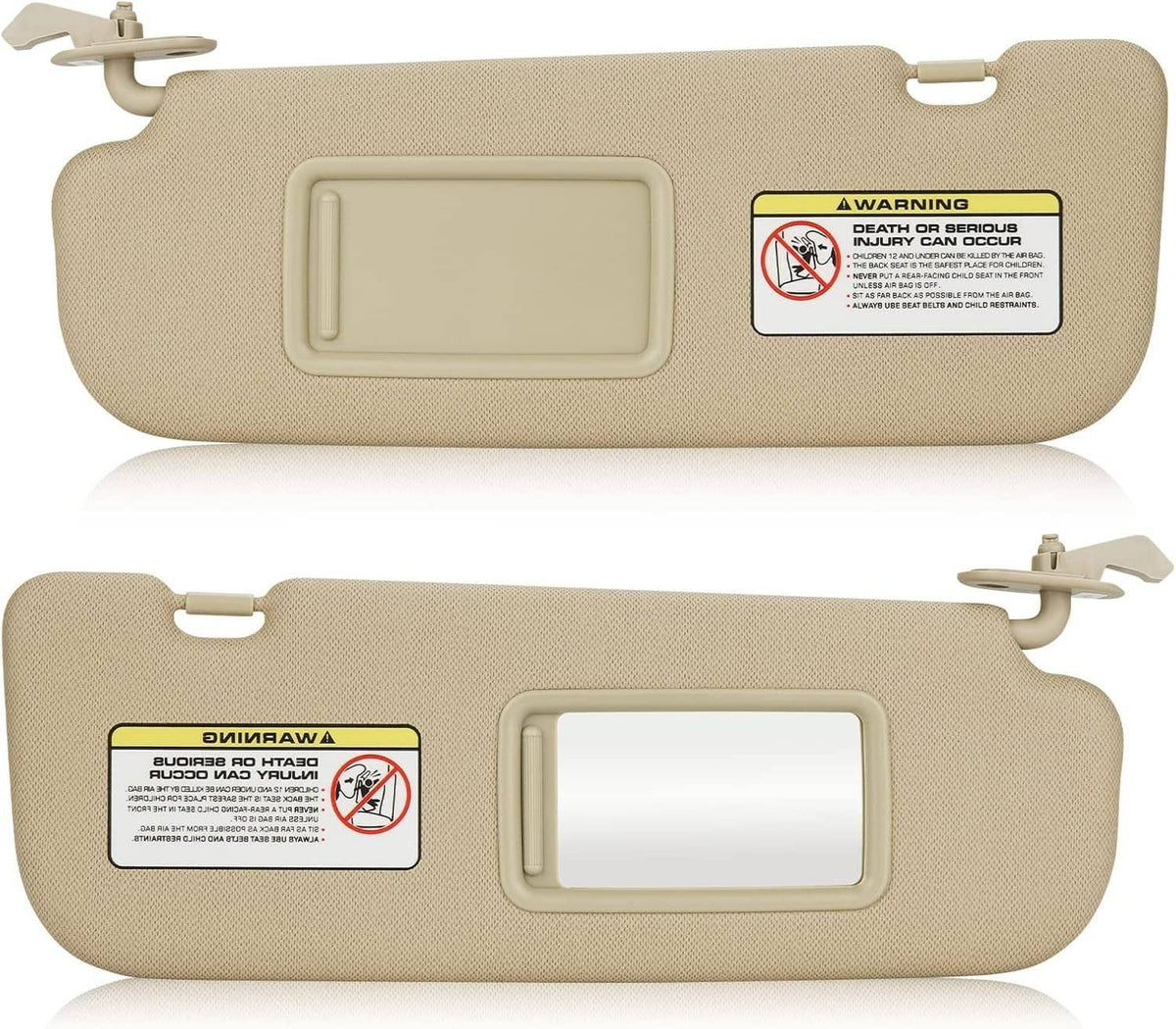 Beige car sun visor set with rectangular mirror window, mounting tabs, warning label