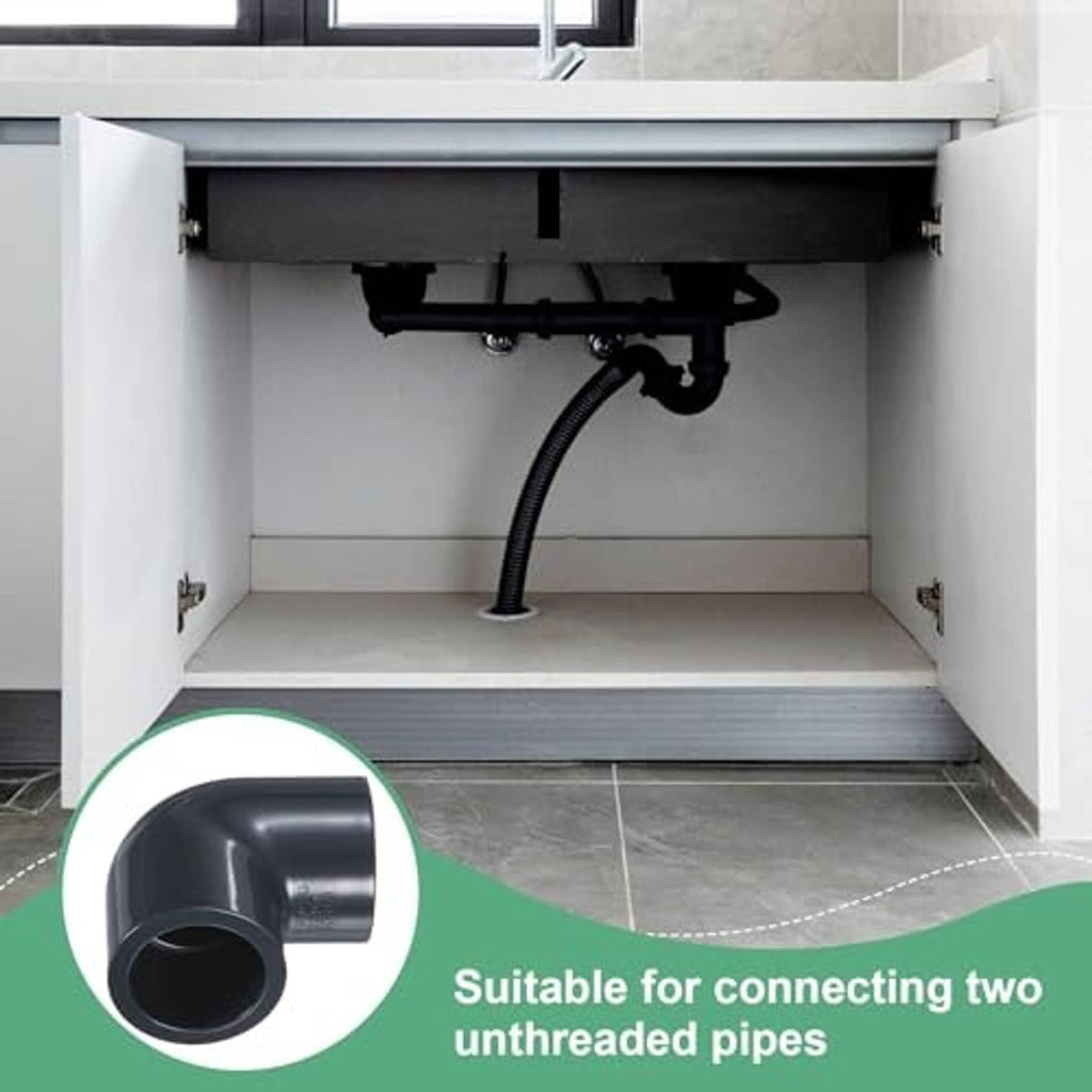 Black 90-degree UPVC socket elbow fitting with close-up inset under a sink