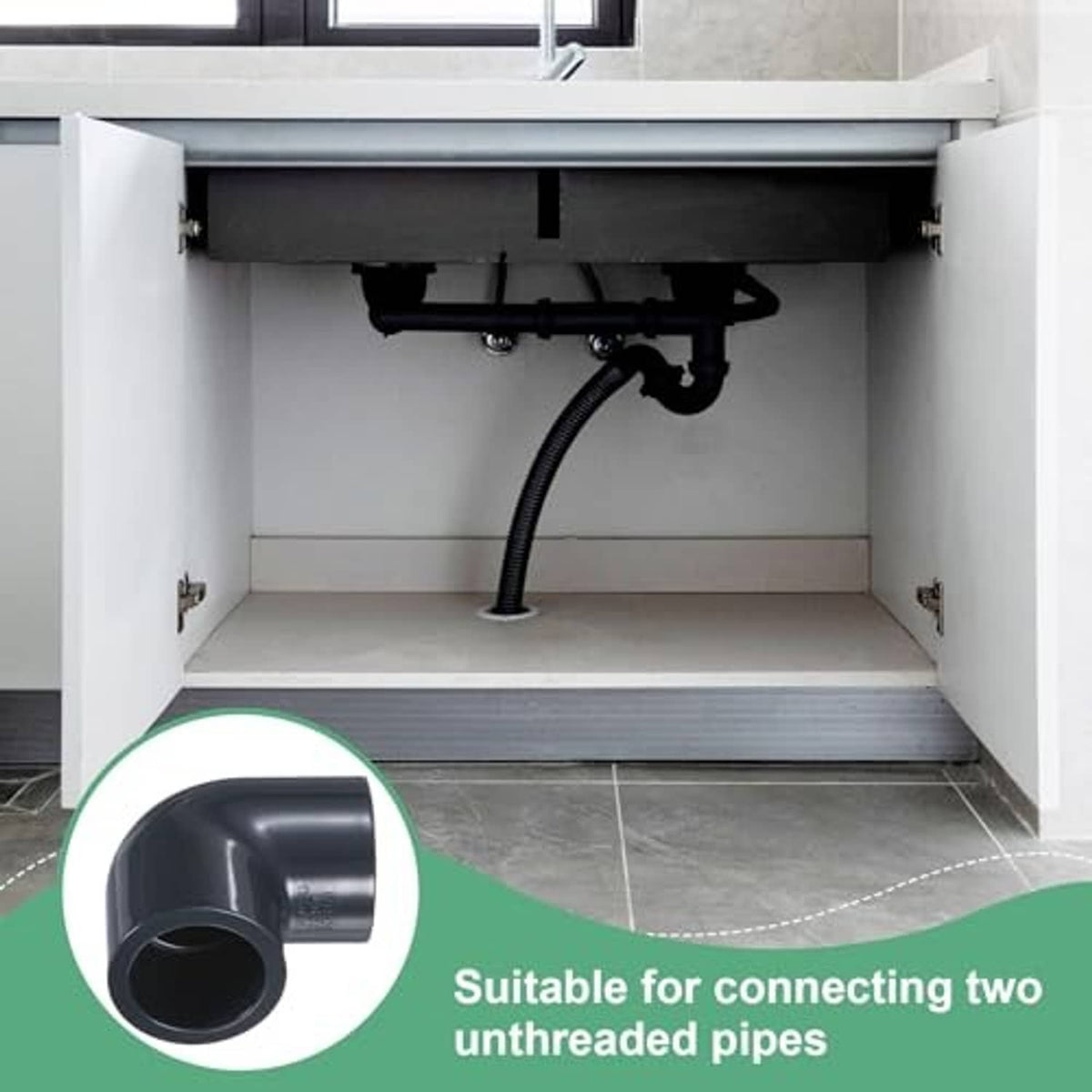 Black 90-degree UPVC socket elbow fitting with close-up inset under a sink