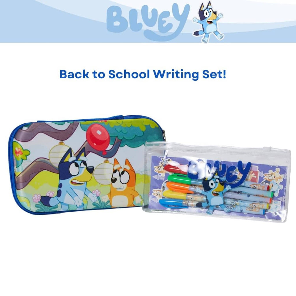 Bluey pencil case with attached clear pouch showing gel pens in blue zip pouch