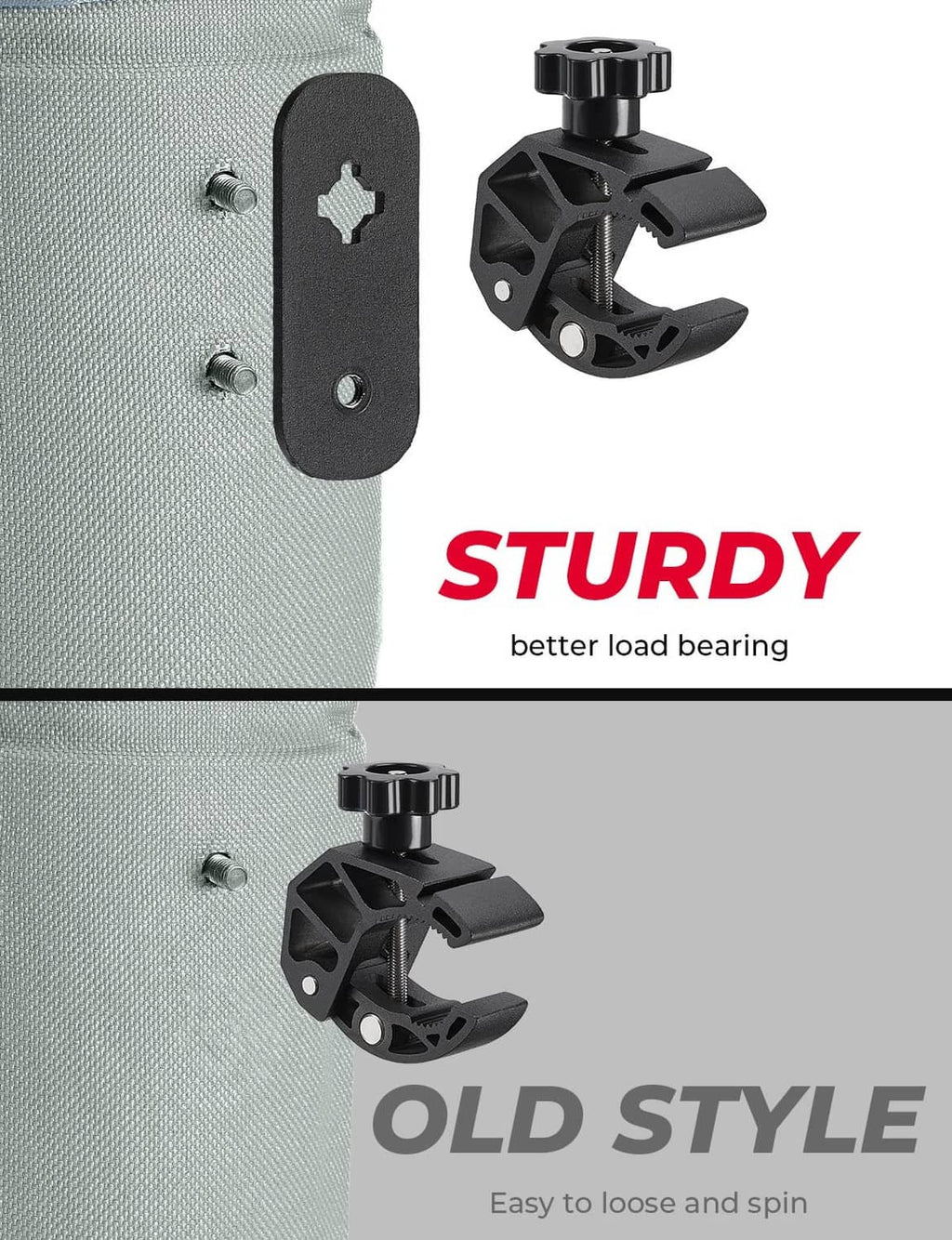 Gray cup holder pouch with black mounting bracket and adjustment knob