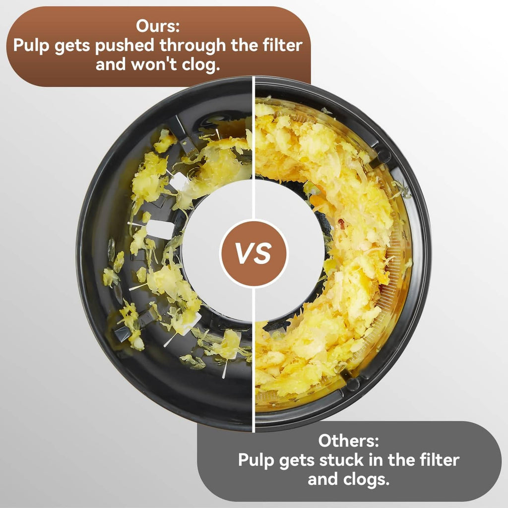 KITCHTREE filter design comparison showing pulp pushed through without clogging