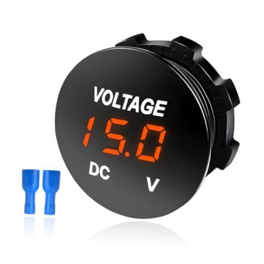 Black round DC voltmeter gauge with orange LED 15.0 V, VOLTAGE/DC text, blue connectors.