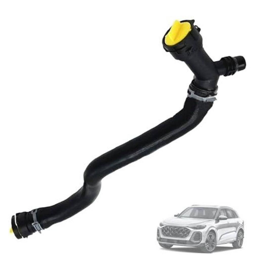 Black upper radiator coolant hose with yellow connector and hose clamps