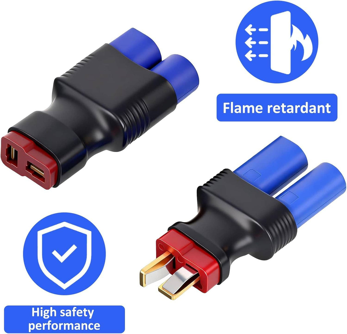 Black EC5 to T-plug adapter connectors with blue insulation and red socket ends