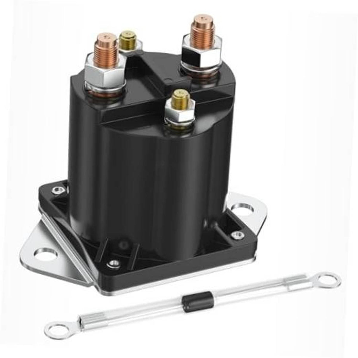 12V solenoid relay with diode, black mounting base and four brass terminals