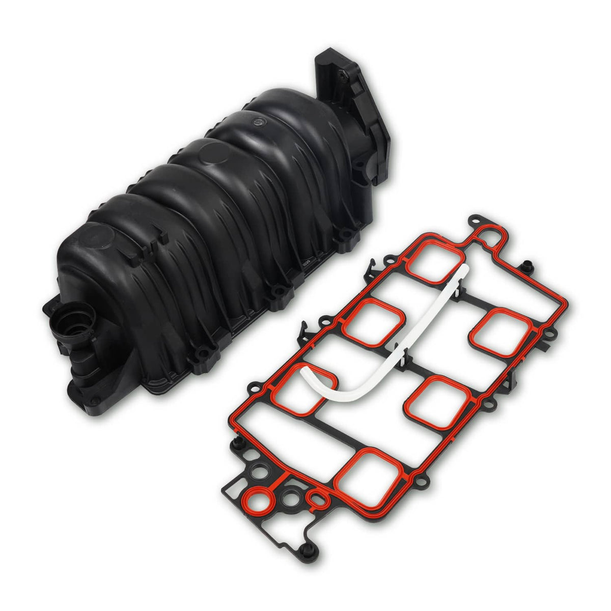 Black upper intake manifold and gasket plate with red-outline ports