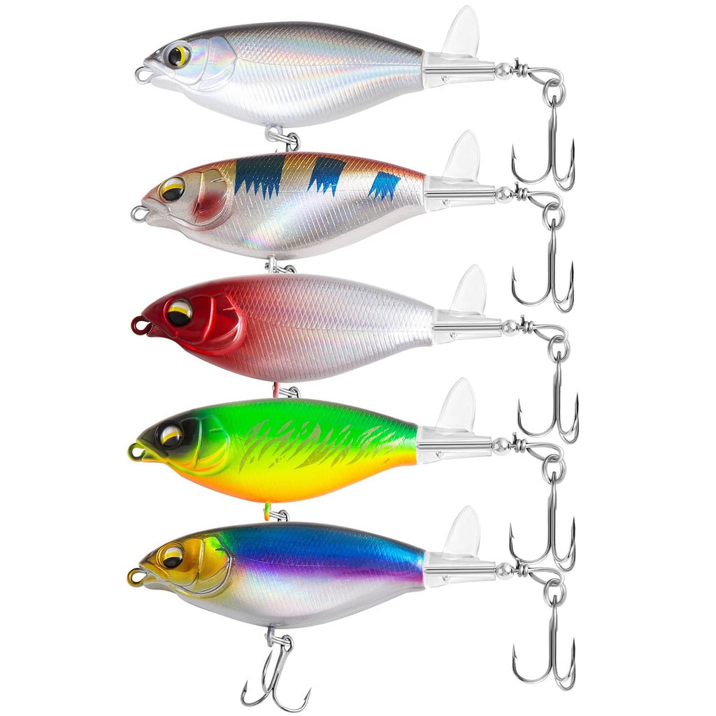 Set of 5 topwater fishing lures with treble hooks, metallic blue, red, green, and gold bodies