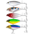 Set of 5 topwater fishing lures with treble hooks, metallic blue, red, green, and gold bodies