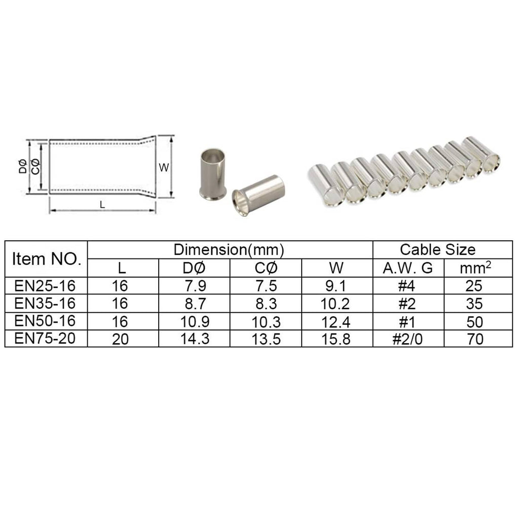 Non-insulated copper wire crimp ferrules, assorted lengths for AWG/mm² sizing